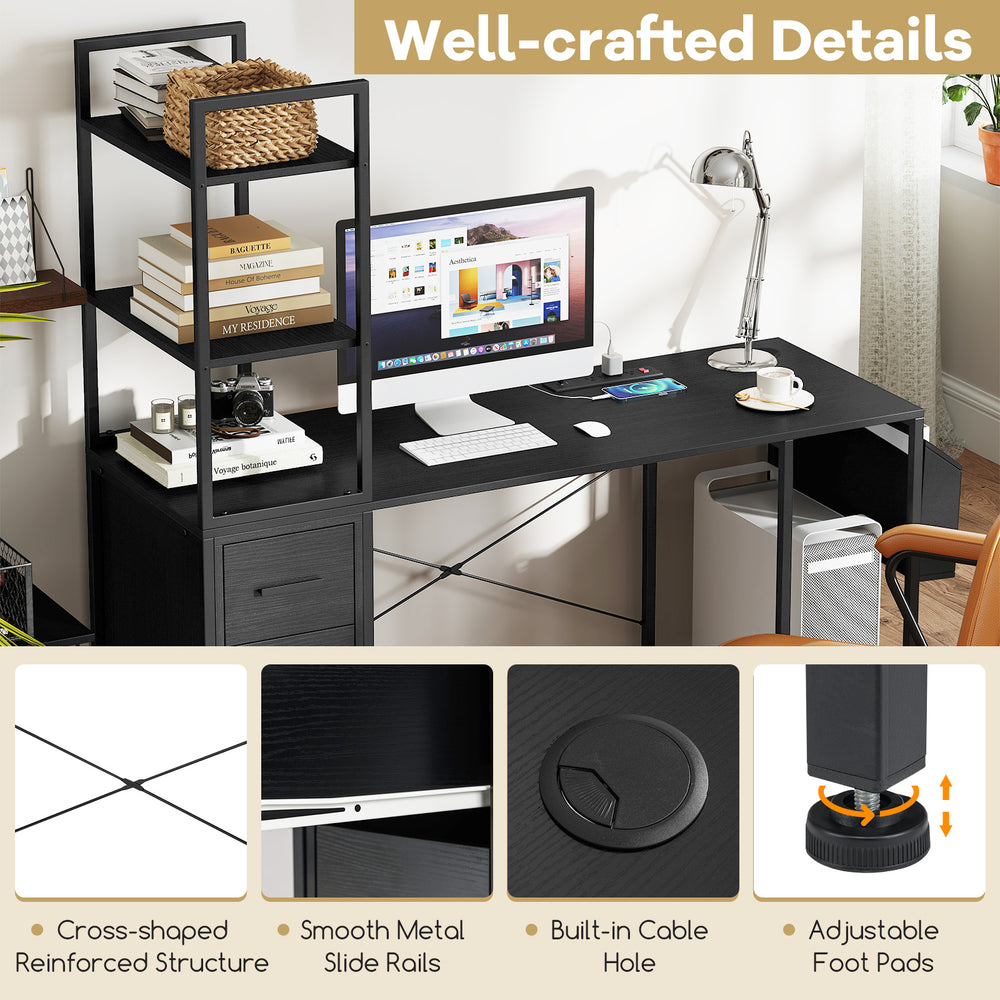 Office desk with open shelves, black finish, featuring RGB LED lights, power outlets, and adjustable foot pads for.