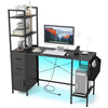 Office desk with LED lights, open shelves, and power outlets in black, featuring ample storage and a robust metal frame.