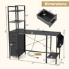 Office desk with dimensions, featuring RGB LED lights, power outlets, shelves, and a sturdy metal frame for workspace.
