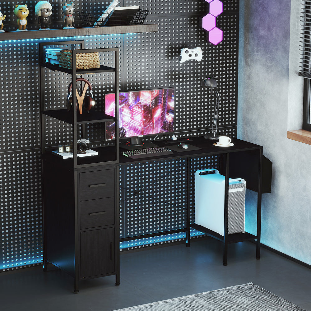Office desk with RGB LED lights, open shelves, and power outlets, featuring a black finish and ample storage space.