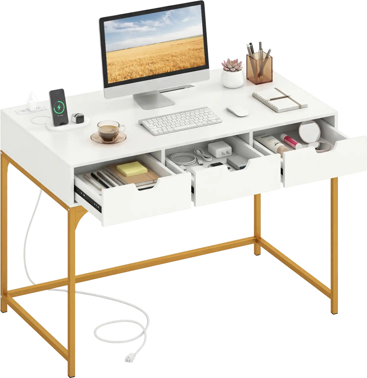 Costway Office Desk with Power Outlets Hidden Compartment 54781937 New