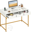 Office desk with power outlets, three drawers, and hidden compartment in white, perfect for study and organization.