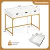 Office desk in white with gold legs, featuring 3 drawers, hidden compartment, and built-in power outlets for study.