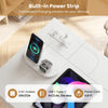 Office desk with built-in power strip, featuring AC outlets and USB ports for convenient device charging.