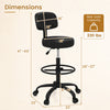 Adjustable black office drafting chair with backrest, footring, and wheels, designed for ergonomic comfort and stability.