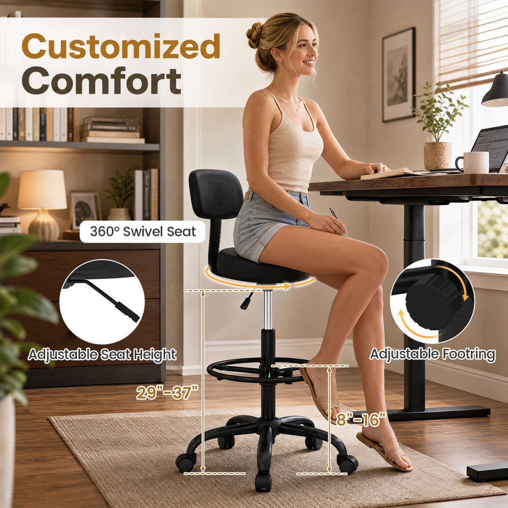 Office drafting chair in black with adjustable height, swivel seat, and footring for ergonomic comfort at craft tables.
