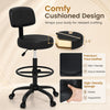 Black office drafting chair features a cushioned seat, adjustable footring, and wheels for ergonomic crafting comfort.