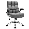 Linen upholstered executive chair with wide U-shaped cushion for comfort, featuring a stylish gray design and chrome.