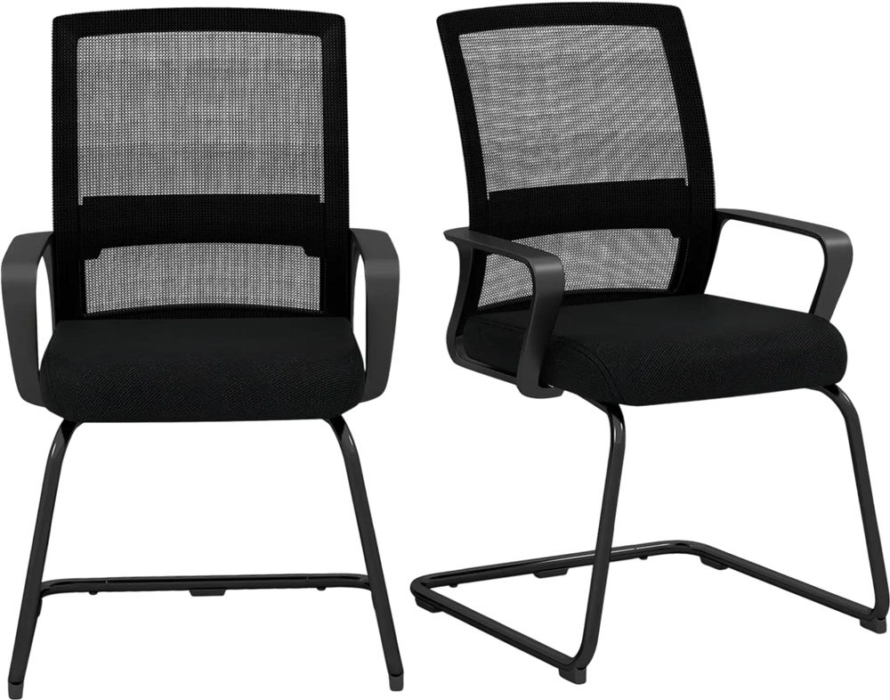 Two office guest chairs with breathable mesh backs and lumbar support, ideal for waiting rooms or home offices.