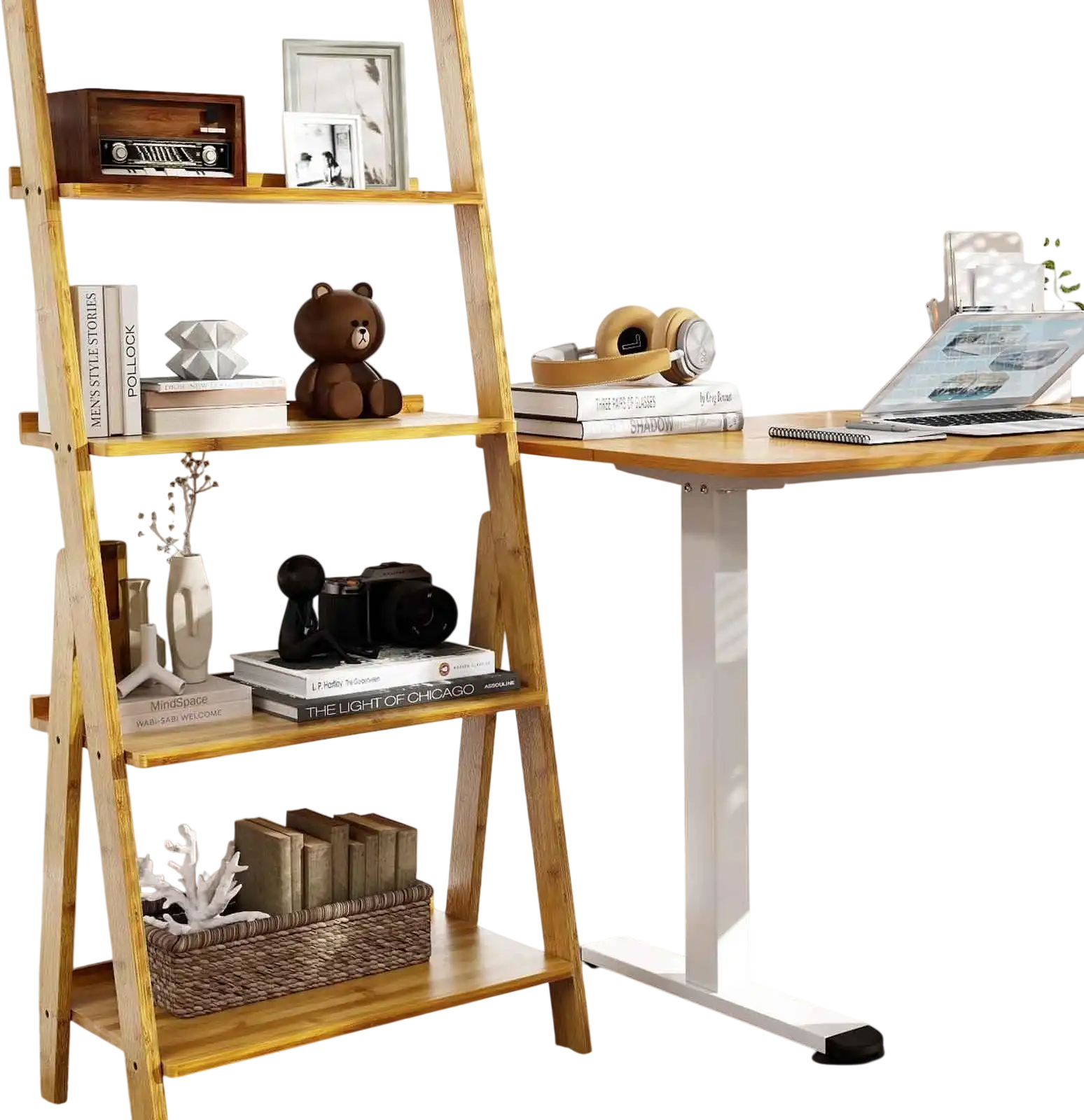 Costway Electric Standing Desk & 5-Tier Bamboo Ladder Shelf Office Set 36713401 New