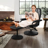 Overstuffed black leather swivel lounge chair recliner with ottoman, designed for ultimate comfort and relaxation.