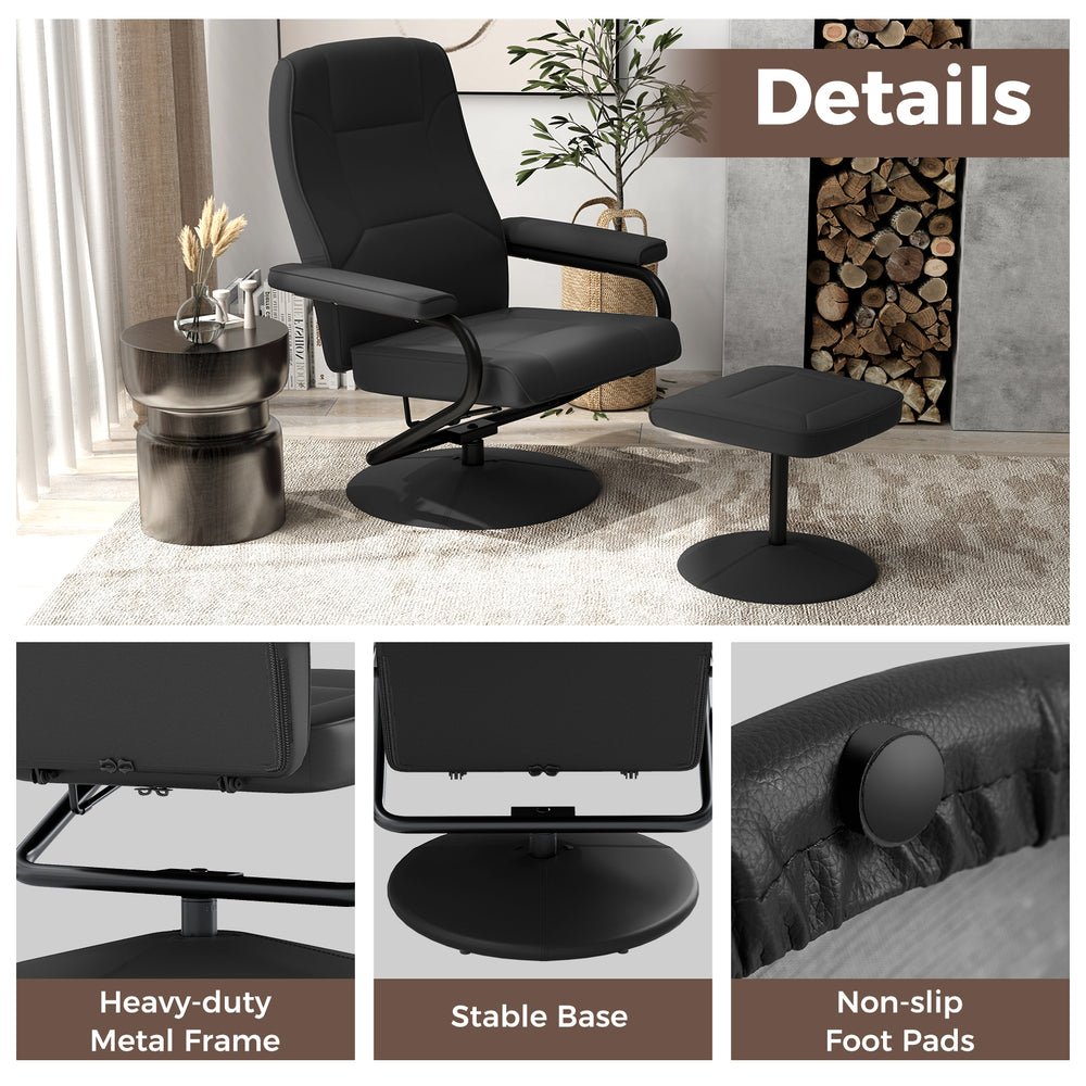 Black swivel lounge chair recliner with ottoman, featuring eco-friendly leather upholstery and a heavy-duty metal frame.