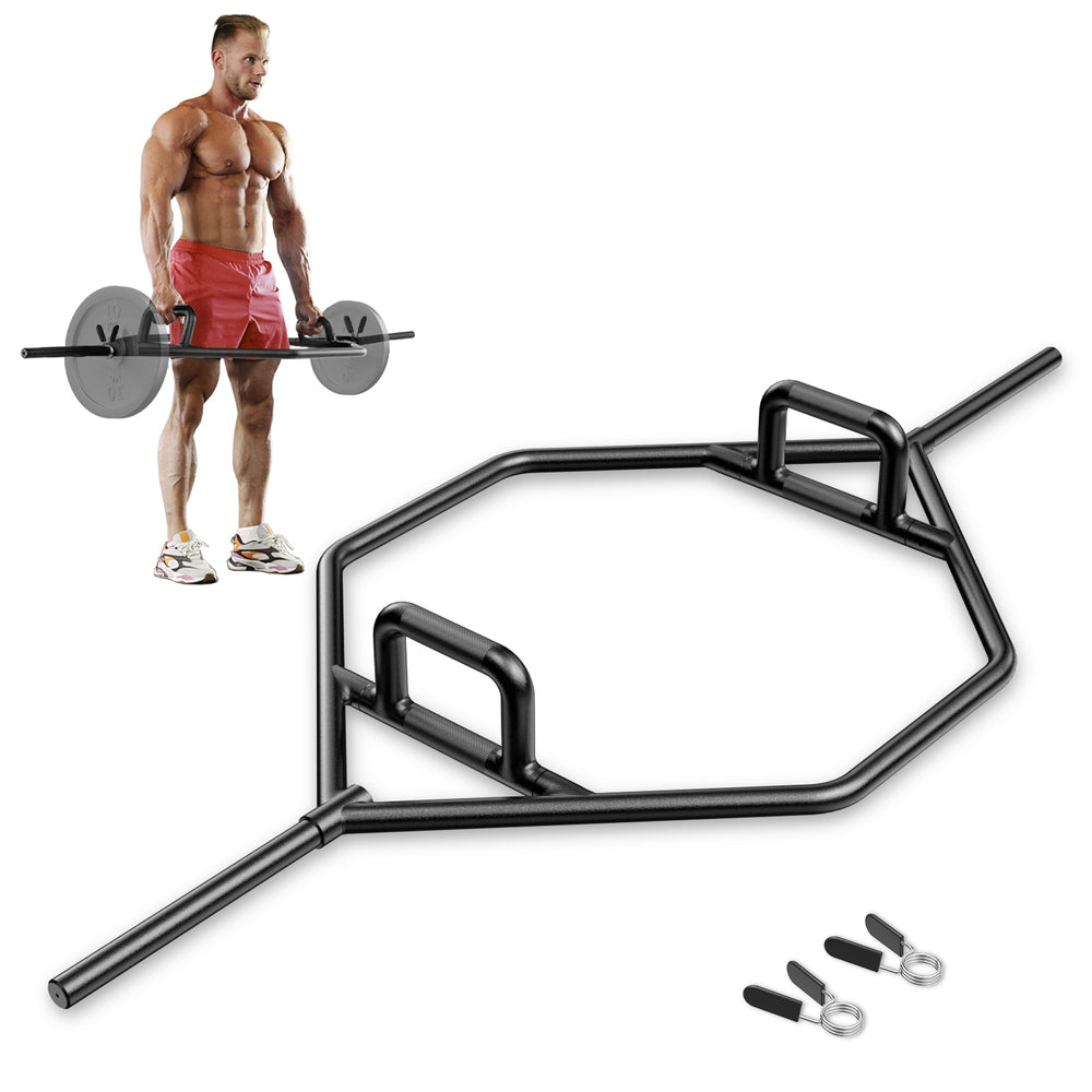 Olympic Hex Trap Bar in black with foldable handles, knurled grips, and two spring collars for secure weight lifting.