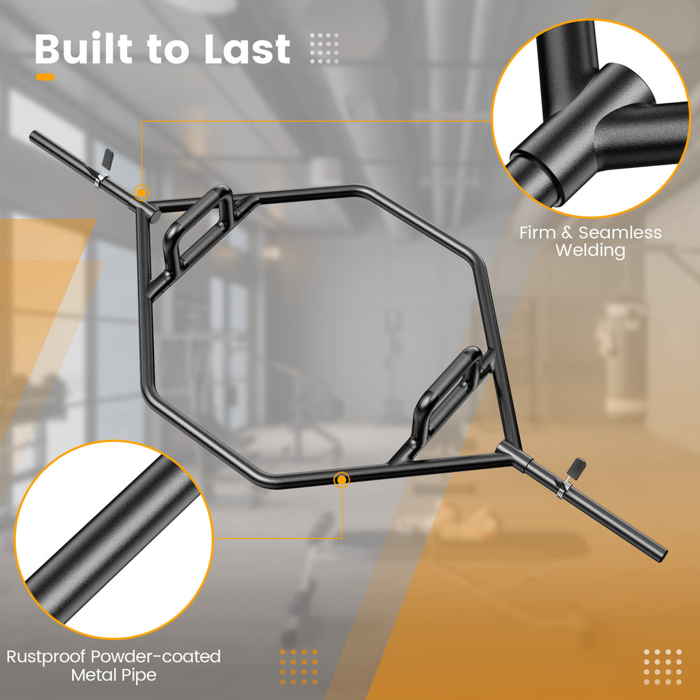 Close-up of the Olympic Hex Trap Bar showcasing rustproof metal pipe and firm welding, ideal for strength training.