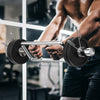 Olympic triceps bar with knurled handles, solid steel construction, designed for squats and deadlifts in home gyms.