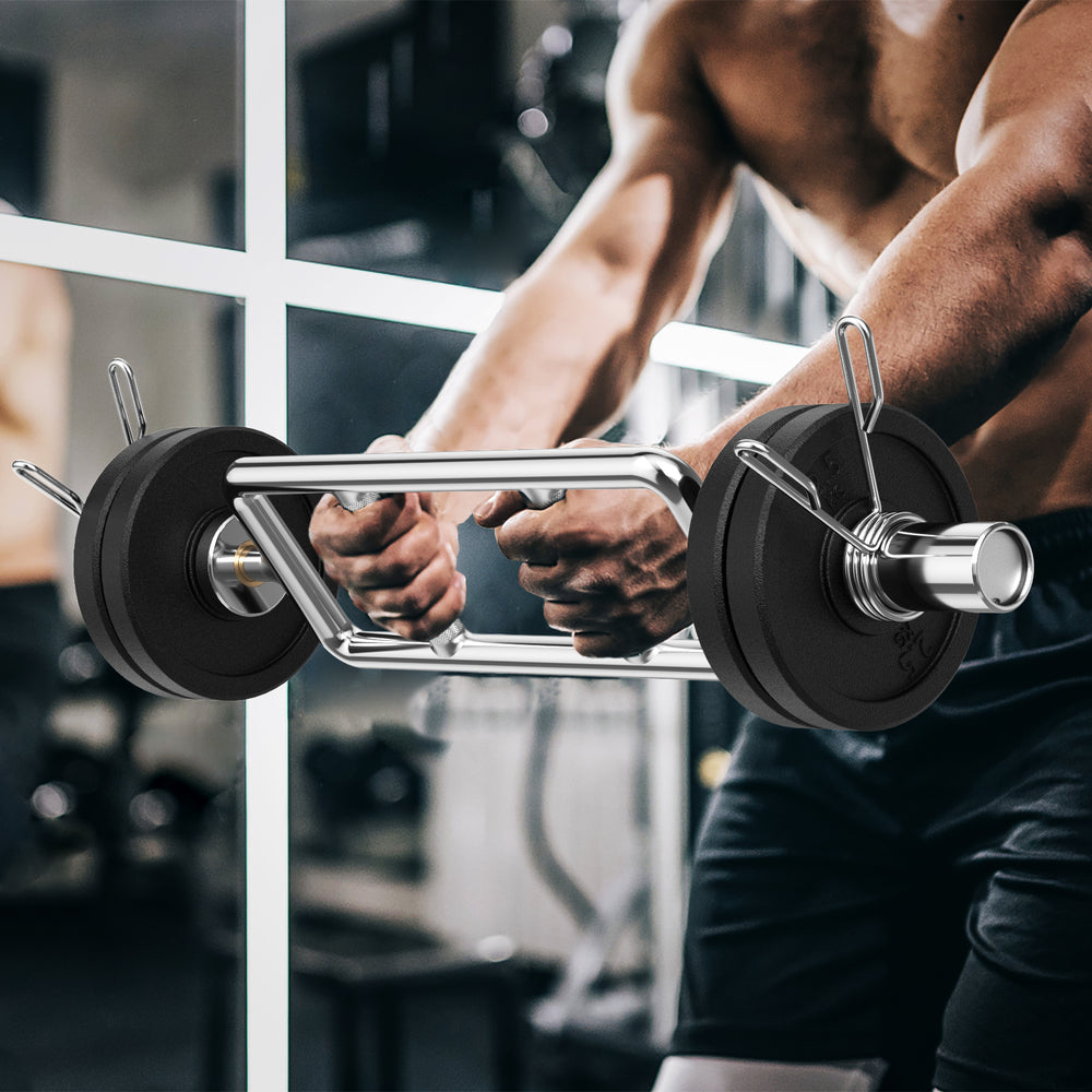 Olympic triceps bar with knurled handles, solid steel construction, designed for squats and deadlifts in home gyms.