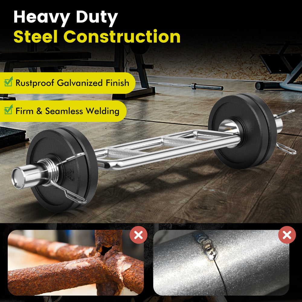 700 lbs Olympic triceps bar with knurled handles, featuring rustproof galvanized finish for home or commercial gym use.