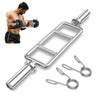Olympic triceps bar with knurled handles, solid steel construction, designed for squats and deadlifts, accommodates.