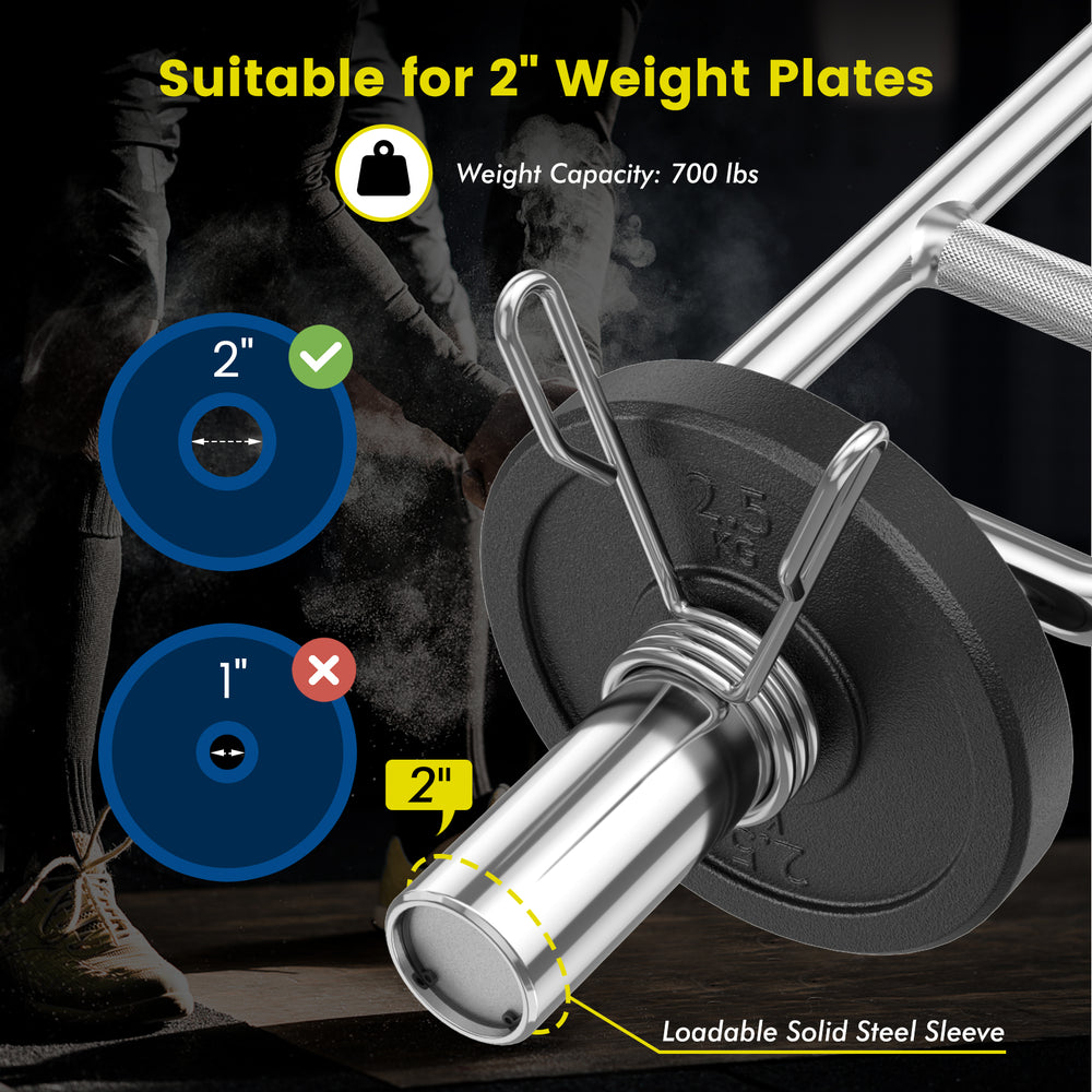 Close-up of the 700 lbs Olympic triceps bar with a solid steel sleeve, designed for 2-inch weight plates and secure.