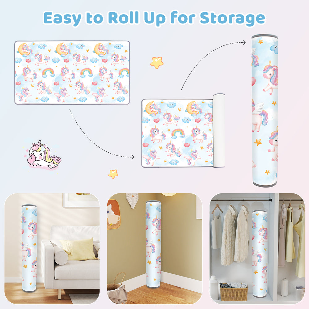 Reversible roll-up soft foam activity mat for toddlers featuring a vibrant unicorn design, perfect for safe playtime.
