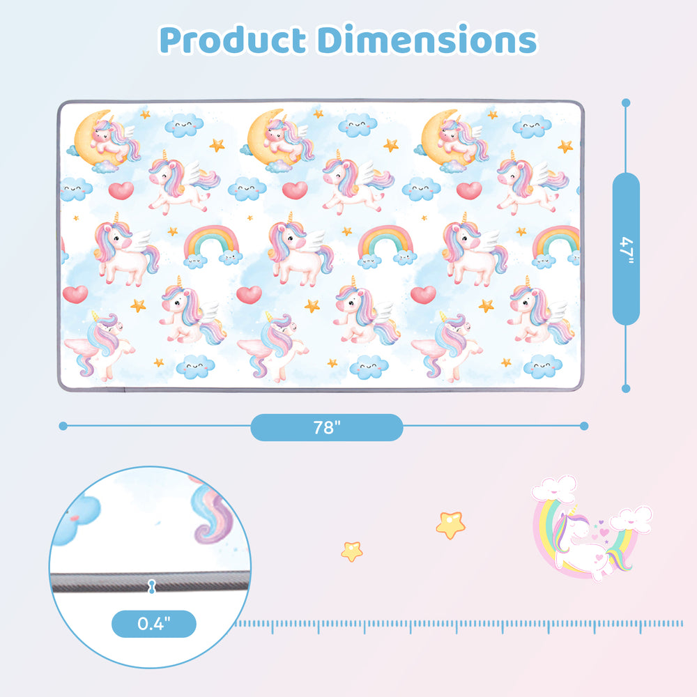 Reversible soft foam activity mat for toddlers, featuring a vibrant unicorn design, measuring 78" x 47" for ample play.