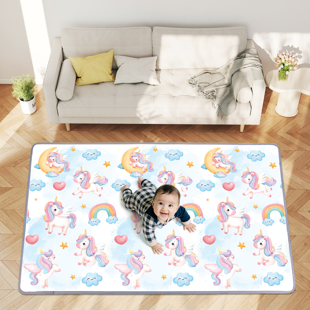 Reversible soft foam activity mat featuring vibrant unicorns, perfect for toddlers' playtime and safe exploration.
