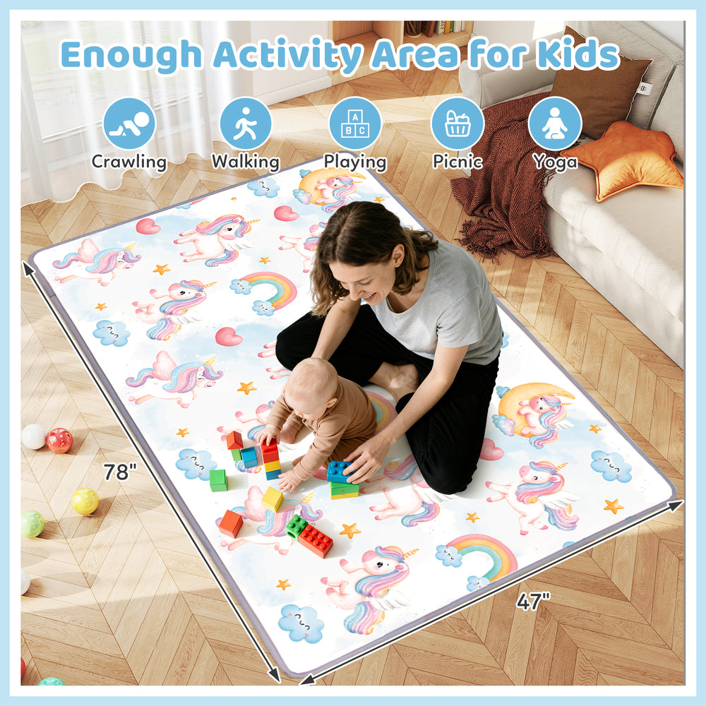 Reversible soft foam activity mat for toddlers, featuring a vibrant unicorn design, 78"x47", perfect for safe playtime.