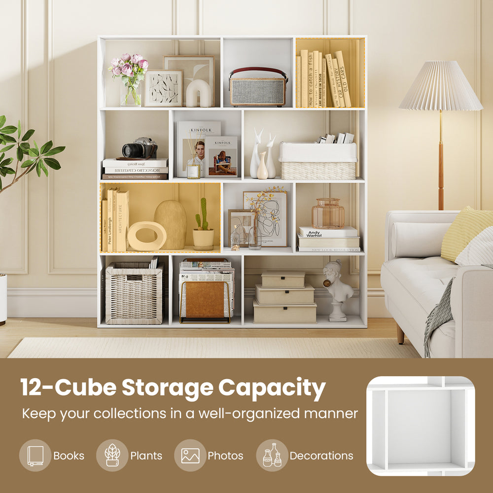 Open shelf bookcase with 12 storage compartments in white, ideal for organizing books, plants, and decorations.