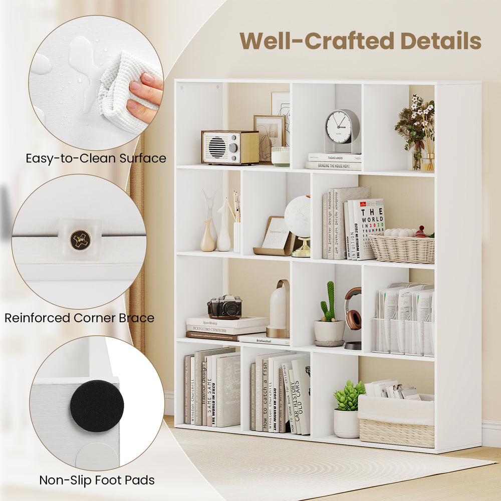 Open shelf bookcase with 12 compartments, white finish, reinforced corner brace, and easy-to-clean surface for.
