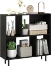 Open shelf bookcase in black with 4 compartments, featuring metal legs and an easy-to-clean surface for stylish storage.