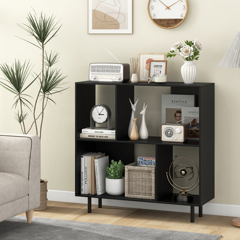 Open shelf bookcase in black with two half open compartments and two small cubes, ideal for decorative display and.