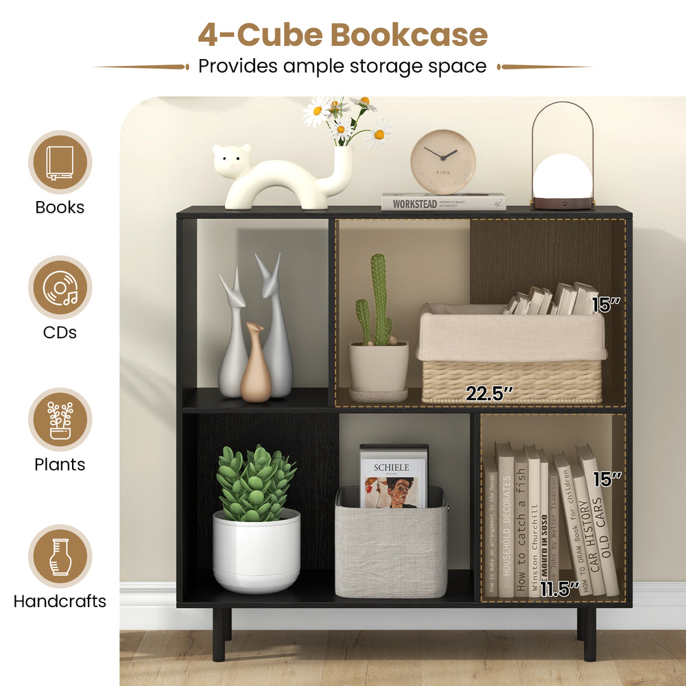 4-cube bookcase in black with two open compartments and two small cubes, perfect for stylish storage and display.