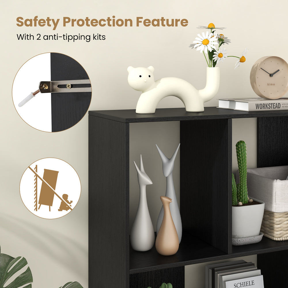 Open shelf bookcase in black with 4 compartments, featuring anti-tipping kits for added safety and stability.
