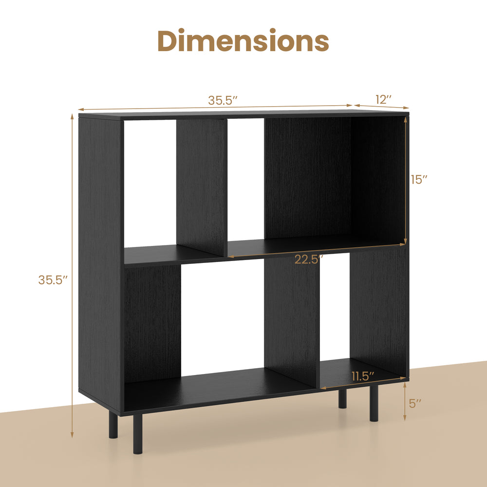 Open shelf bookcase in black with 4 compartments, featuring heavy-duty legs and anti-tipping kits for stability.