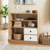 Open storage cabinet with 3 compartments and 2 white drawers, featuring a natural wood finish for versatile home.