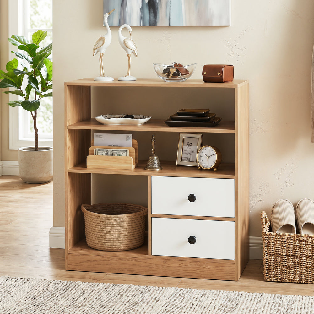 Open storage cabinet with 3 compartments and 2 white drawers, featuring a natural wood finish for versatile home.