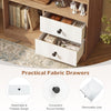 Detachable fabric drawers with round handles in a natural open storage cabinet for organizing books and decorations.