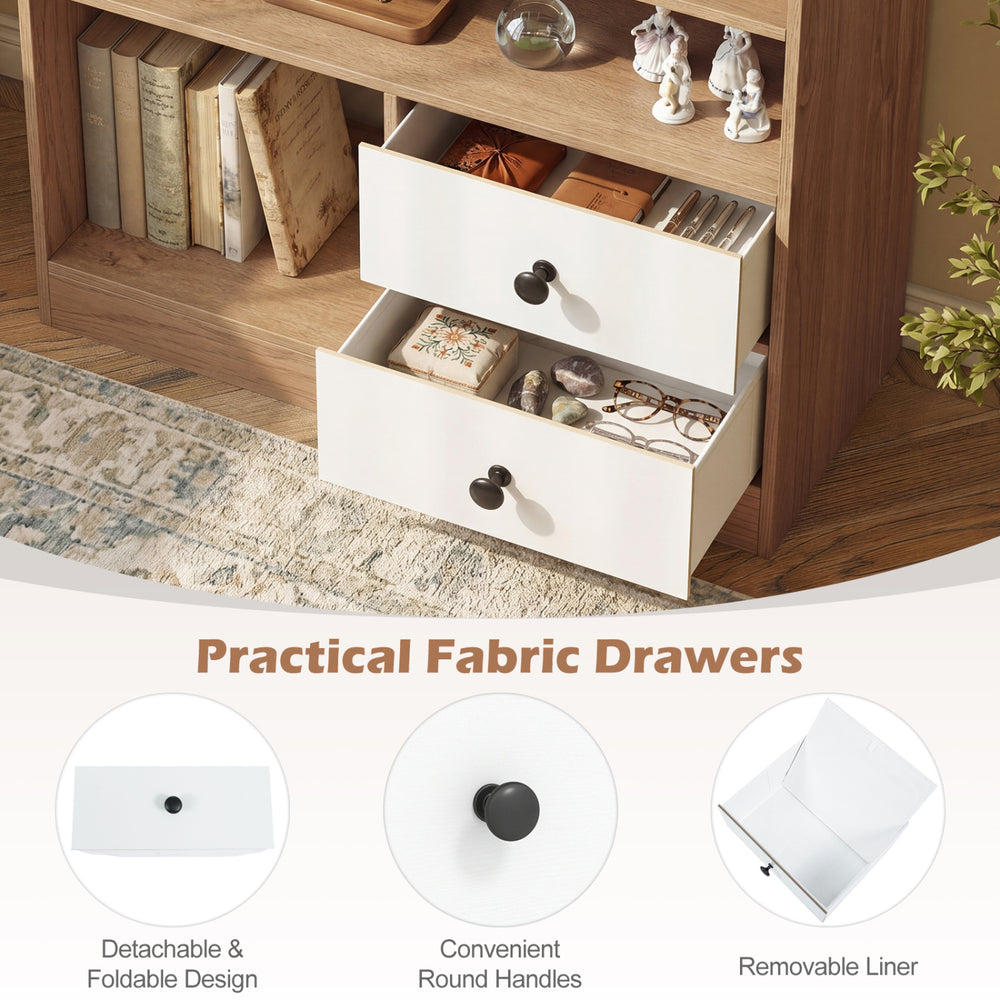 Detachable fabric drawers with round handles in a natural open storage cabinet for organizing books and decorations.