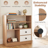 Open storage cabinet in natural finish with 3 compartments and 2 drawers, ideal for living room or bedroom organization.