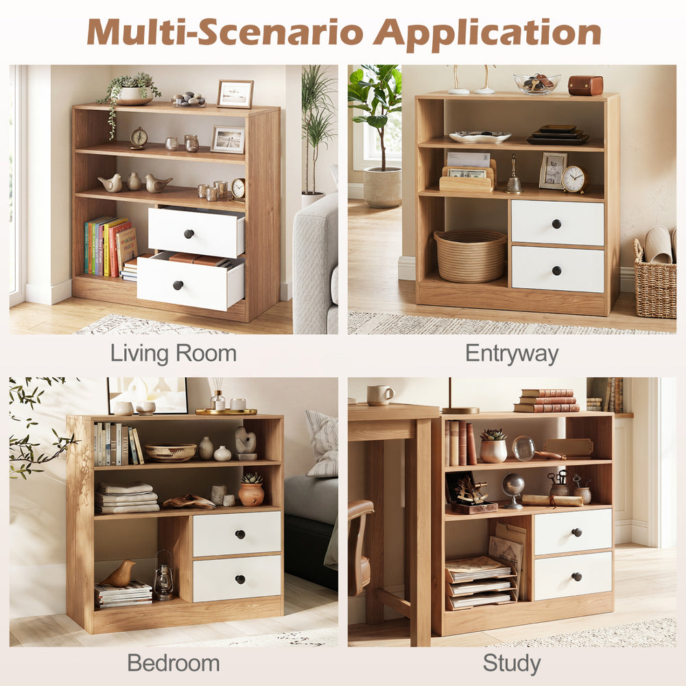 Open storage cabinet with 3 compartments and 2 drawers in natural finish, ideal for living room, entryway, or study.