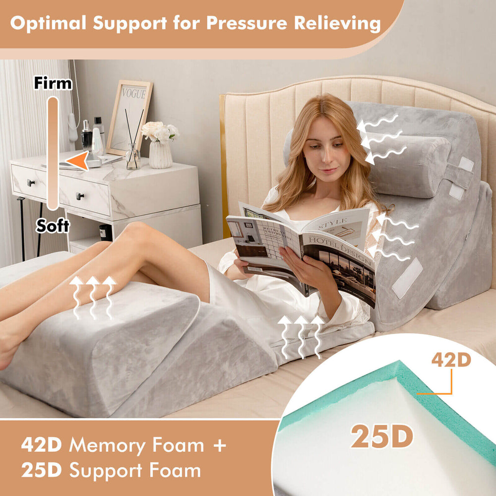 Gray orthopedic bed wedge pillow set with 42D memory foam for back support, ideal for GERD and insomnia relief.