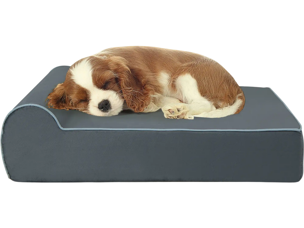 Orthopedic dog bed with headrest in grey, featuring graphene memory foam for comfort and support, ideal for large dogs.