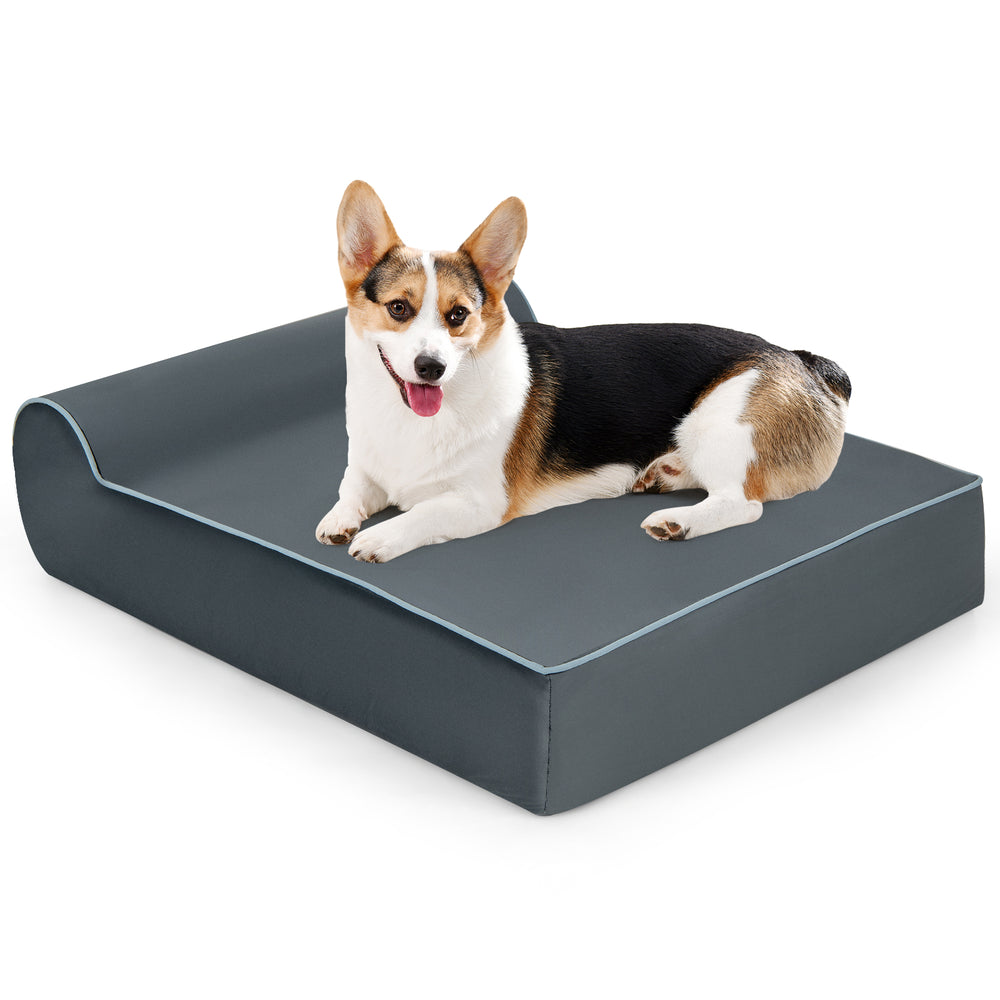 Orthopedic dog bed with headrest in grey, featuring graphene memory foam for joint support and a removable washable.
