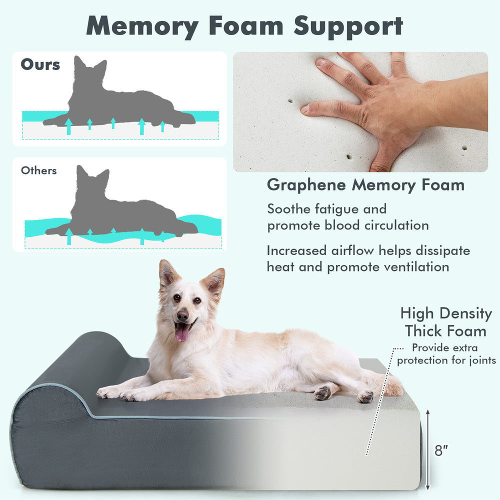 Orthopedic dog bed with headrest in grey featuring graphene memory foam for joint support and removable washable cover.