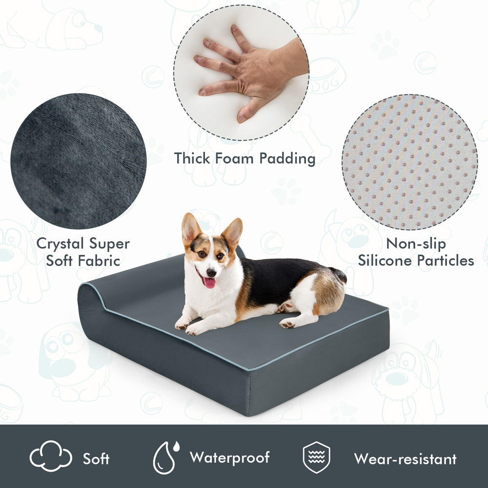 Orthopedic dog bed in grey with headrest, featuring graphene memory foam and a non-slip bottom for large dogs.