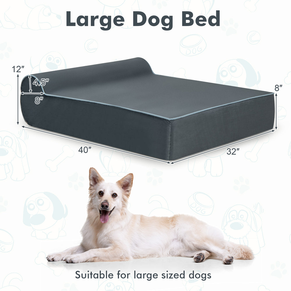 Large orthopedic dog bed with headrest, grey, featuring graphene memory foam, suitable for large dogs.