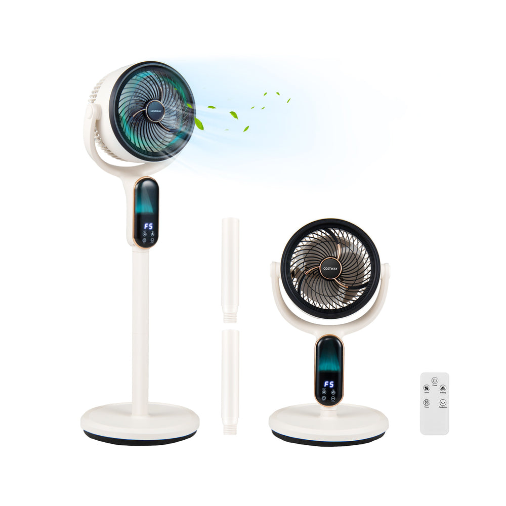Oscillating pedestal fan in white with remote, 8 speeds, adjustable height, and LED display for whole-room air.