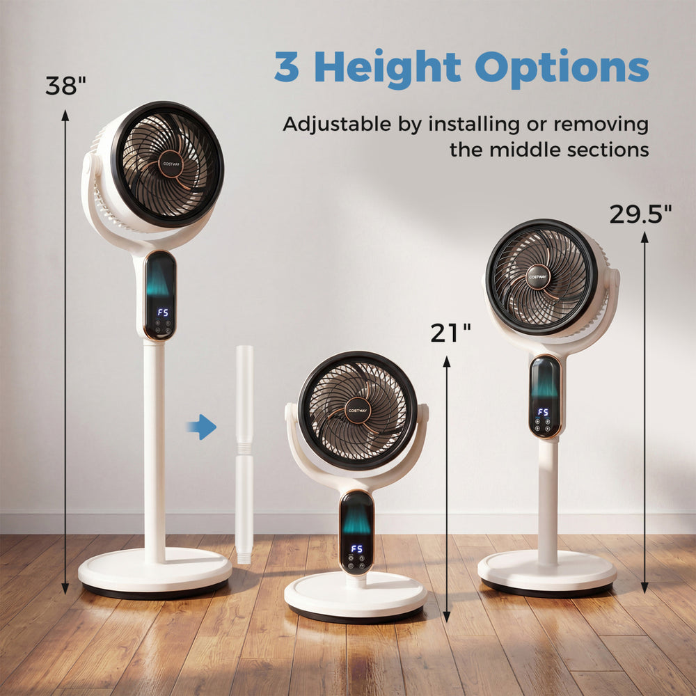 Adjustable oscillating pedestal fan shown in three height options, featuring 8 speeds and remote control for versatile.