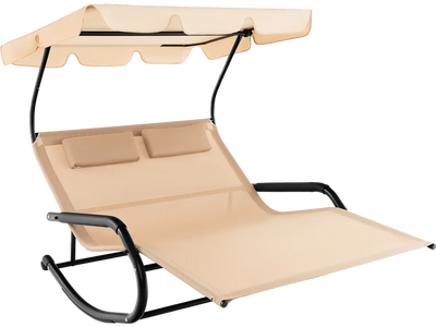 Costway Outdoor 2-Person Rocking Chaise Lounge w/ Canopy Wheels Beige 61849527 New