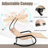 Outdoor rocking chaise lounge for 2 with beige fabric, adjustable 45° canopy, and wheels for easy movement.